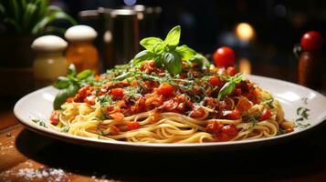 Spaghetti mit Pilze und Tomaten ai generiert. foto