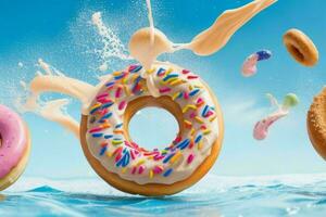 fliegend Donuts mit Sahne Spritzer. ai generativ Profi Foto
