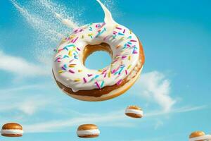 fliegend Donuts mit Sahne Spritzer. ai generativ Profi Foto
