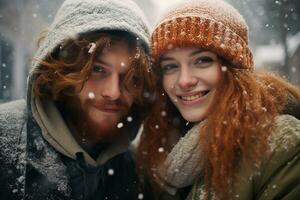 ai generiert Porträt von schön lächelnd jung Paar Mann und Frau Stehen unter schneit foto