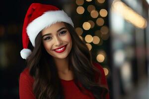 ai generiert Porträt von schön lächelnd Frau im Santa claus tragen foto
