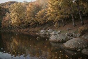 Herbst s Serenade ein still fallen Landschaft. ai generiert. foto