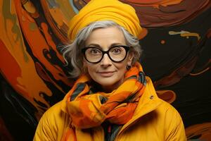 ai generiert Studio Porträt von modisch alt Alten Frau auf anders Farbe Hintergrund im Brille und Kopfhörer foto