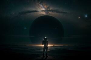 himmlisch Erkundung ein Astronaut inmitten Planeten und Nebel. ai generiert. foto