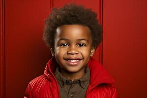 ai generiert Studio Porträt von süß wenig afrikanisch Junge auf anders Farbe Hintergründe foto