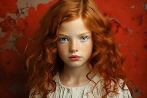 ai generiert Studio Porträt von süß wenig lockig Ingwer Mädchen auf anders Farben Hintergrund foto