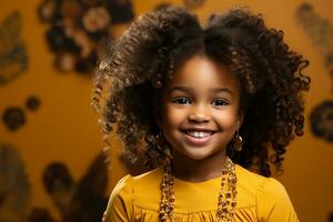 ai generiert Studio Porträt von süß wenig lockig afrikanisch Mädchen auf anders Farben Hintergrund foto