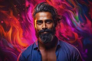 ai generiert Studio Porträt von gut aussehend indisch Mann auf Farbe Hintergrund foto