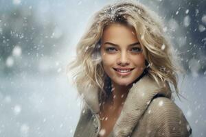 ai generiert Porträt von schön jung Frau Stehen unter das Schnee beim Winter Zeit foto