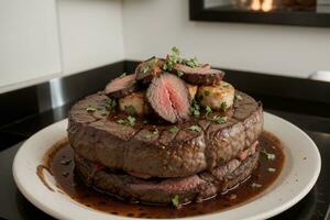 Bohnenkraut Freude ein fesselnd Steak Gericht im ein modern Küche. ai generiert. foto