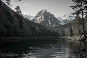 Natur s Symphonie ein Reise durch Berge und Wälder. ai generiert. foto