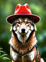 das rätselhaft rot Wolf ein Hut tragen Tierwelt Wunder. ai generiert. foto