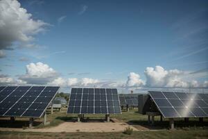 Erfassen das Grün Energie ein schließen oben von Solar- Panel im ein heiter Umfeld. ai generiert. foto