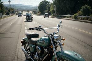 nostalgisch Reiten retro Motorrad auf das Autobahn durch Kennzeichen Johnson. ai generiert. foto