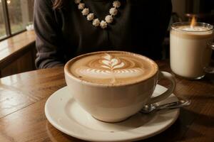 ein Tasse von Freude heiß Kaffee mit Dekorationen. ai generiert. foto