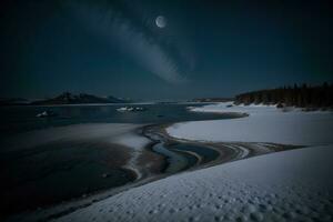 zauberhaft gefroren Tundra Nacht Mondschein Schönheit durch Alex Petrow. ai generiert. foto