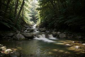 Natur s Oase entdecken das Gelassenheit von ein abgelegen Wald Bach. ai generiert. foto