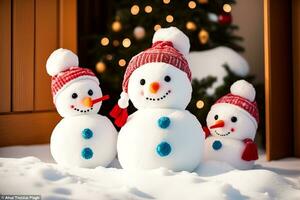 bezaubernd ausgestopft Spielzeug Schneemänner bringen Winter Freude. ai generiert. foto