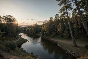 zauberhaft Dämmerung Wald Fluss und Sonnenuntergang Gemälde das Himmel. ai generiert. foto