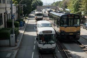 nachhaltig und effizient Solar- angetrieben Öffentlichkeit Transport im Bewegung. ai generiert. foto