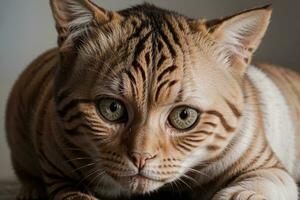 fesselnd schließen oben von ein süß inländisch Katze durch John Schmied. ai generiert. foto