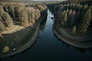 majestätisch Sonnenuntergang Über ein heiter Wald und Fluss. ai generiert. foto