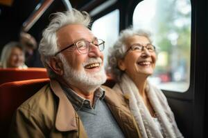 Senioren genießen Pflege Ausflug Ausflug mit Menschen haben Spaß auf Tafel von ein bequem Bus. generativ ai foto