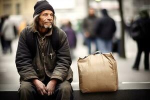obdachlos zeigen suchen Mensch Freundlichkeit Zeichen auf Karton. generativ ai foto