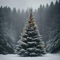 ai generiert Inhalt. verzaubert Winter Wunderland immergrün Wald beim Mitternacht foto