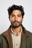 ai generiert Studio Porträt von gut aussehend indisch Mann auf Farbe Hintergrund foto