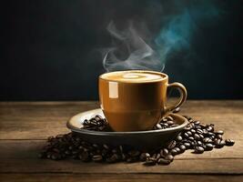 Tasse von Kaffee mit ein Stapel von Kaffee Bohnen. generativ ai foto