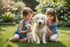 ein zauberhaft Szene von Kinder und Hunde spielen. ai generativ foto