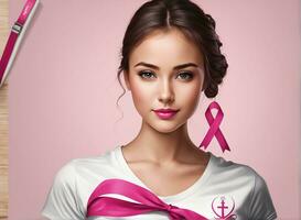 Brust Krebs Bewusstsein. Welten Brust Krebs Tag rosa Band thematisiert. ai generativ foto
