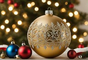 Weihnachten Feier mit dekoriert Ball, Glocke, und Baum. ai generativ foto