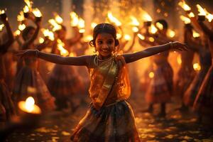 indisch Diwali feiern mit Diya Beleuchtung. Familie, Mädchen, Kinder alle glücklich Momente. ai generativ foto