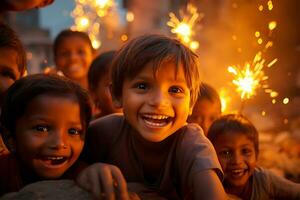 indisch Diwali feiern mit Diya Beleuchtung. Familie, Mädchen, Kinder alle glücklich Momente. ai generativ foto