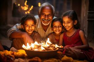 indisch Diwali feiern mit Diya Beleuchtung. Familie, Mädchen, Kinder alle glücklich Momente. ai generativ foto