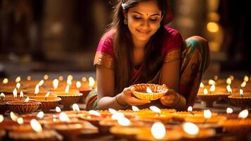 indisch Diwali feiern mit Diya Beleuchtung. Familie, Mädchen, Kinder alle glücklich Momente. ai generativ foto