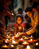 indisch Diwali feiern mit Diya Beleuchtung. Familie, Mädchen, Kinder alle glücklich Momente. ai generativ foto