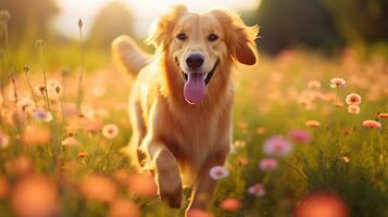 glücklich golden Retriever Hund auf Herbst Natur Hintergrund, ai generativ breit Netz Banner. Herbst Aktivitäten zum Hunde foto