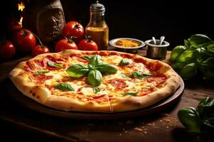 Pizza Perfektion Welt Klasse Ofen gebacken Freuden Dekoration mit Toppingsai generativ foto