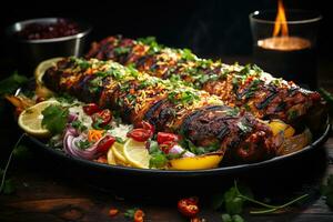 erkunden das Aromen von authentisch pakistanisch Küche. Biryani, Kofta, Kebab, Lassi, Samosa, jalebi. ai generativ foto