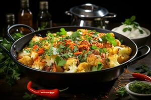 feiern indisch kulinarisch Freuden mit, indisch Curry, Tandoori Freuden, Biryani, Straße Essen, Süss Genuss. ai generativ foto