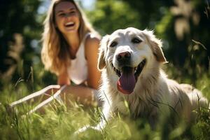 unzerbrechlich Fesseln. erkunden das Mensch mit Haustier Hund Verbindung. ai generativ foto