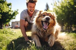 unzerbrechlich Fesseln. erkunden das Mensch mit Haustier Hund Verbindung. ai generativ foto