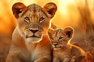 golden Stunde Majestät. Löwin und Jungen Tierwelt Foto. ai generativ foto