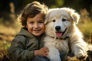 Hündchen Hund und Kinder. herzerwärmend Bindung und froh Momente. ai generativ foto