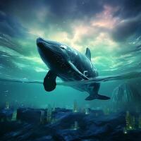 Buckel Wal spielerisch Schwimmen im klar Blau Ozean. ai generativ foto