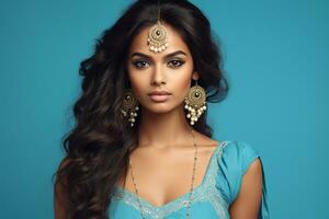 ai generiert Studio Porträt von schön indisch Frau im beiläufig und National Kleid im anders Farben Hintergrund foto