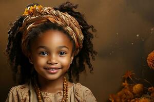ai generiert Studio Porträt von süß wenig lockig afrikanisch Mädchen auf anders Farben Hintergrund foto